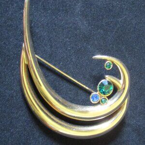 Vintage Unbranded Art Deco Multicolor Rhinestones & Gold Tone Metal Brooch/Pin